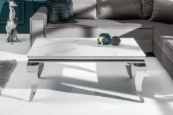 Eleganter Couchtisch MODERN BAROCK 100cm Glasplatte in Marmoroptik Edelstahlbeine