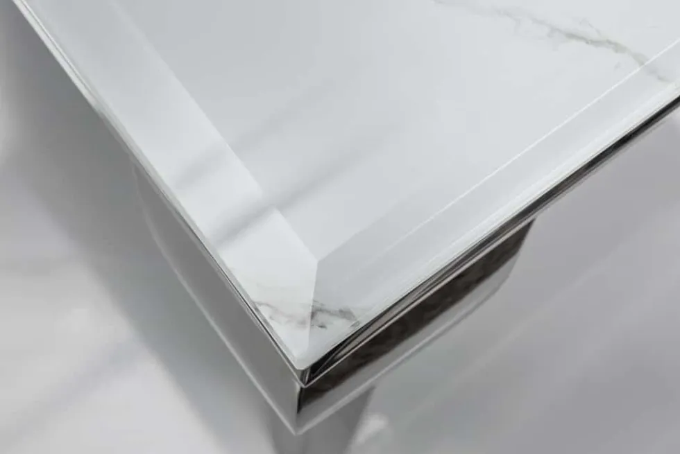 Eleganter Couchtisch MODERN BAROCK 100cm Glasplatte in Marmoroptik Edelstahlbeine