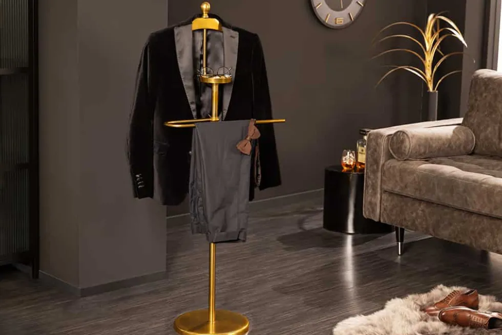 Eleganter Herrendiener VALET 128cm gold Aluminium Kleiderhaken Garderobenständer