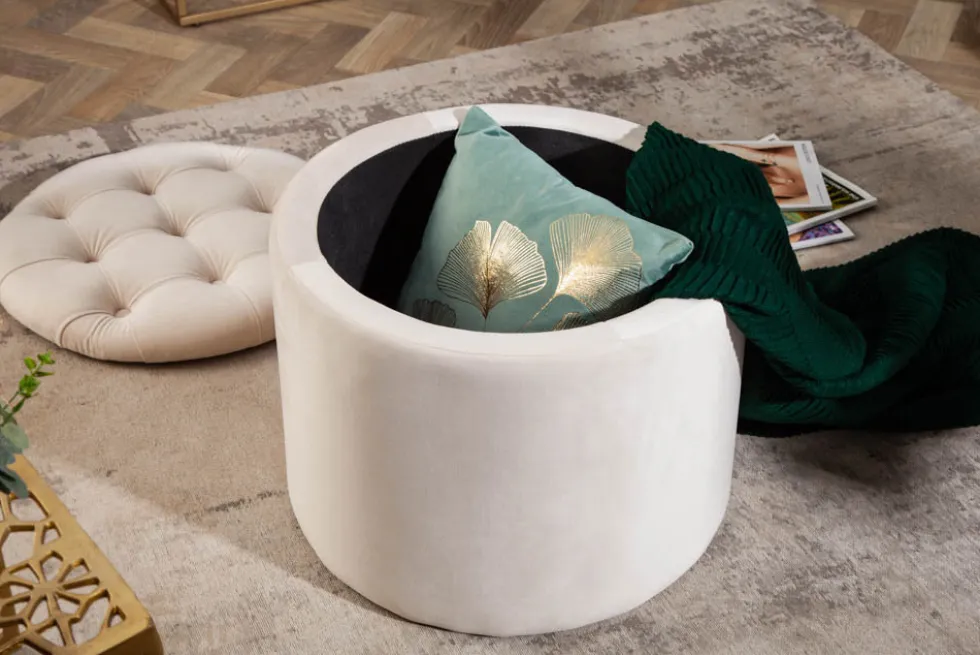 Eleganter Hocker MODERN BAROCK 50cm champagner beige Samt Aufbewahrungkorb