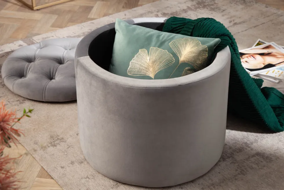 Eleganter Hocker MODERN BAROCK 50cm silbergrau Samt Aufbewahrungkorb