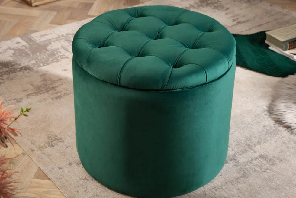 Eleganter Hocker MODERN BAROCK 50cm dunkelgrün Samt Aufbewahrungkorb