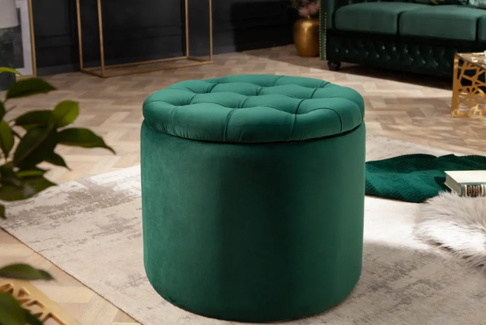 Eleganter Hocker MODERN BAROCK 50cm dunkelgrün Samt Aufbewahrungkorb