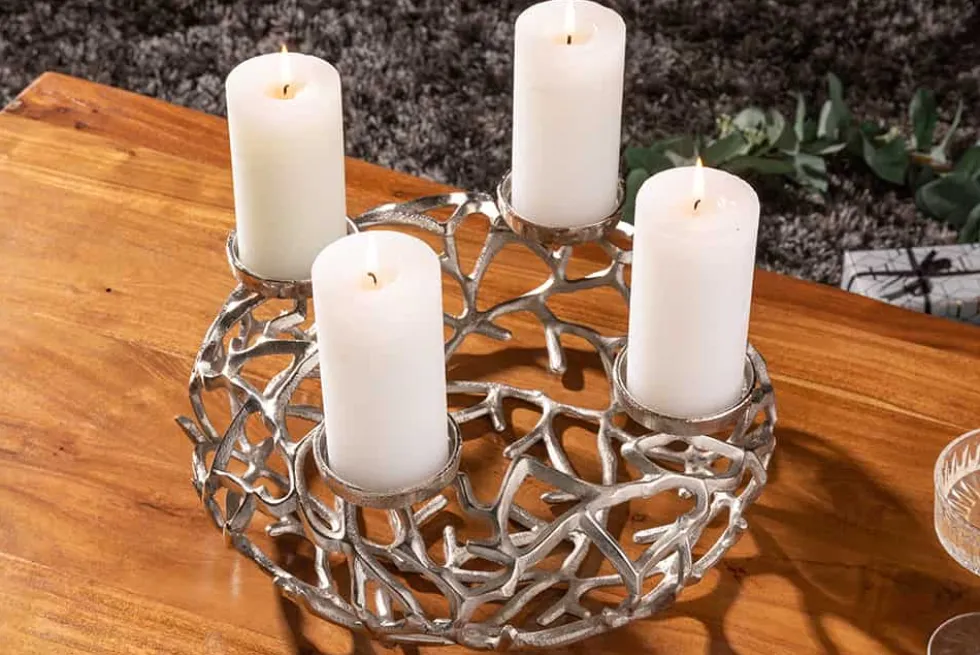 Eleganter Kerzenhalter ABSTRACT 38cm silber Kranz aus Ästen für 4 Kerzen