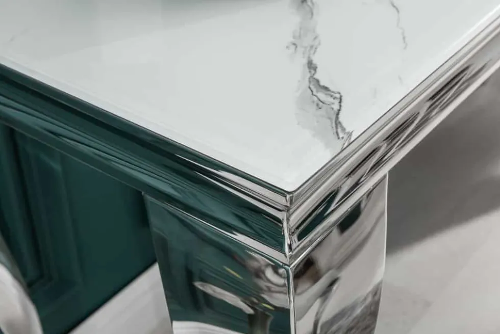 Eleganter Konsolentisch MODERN BAROCK 145cm mit Glasplatte Marmoroptik Edelstahlbeine