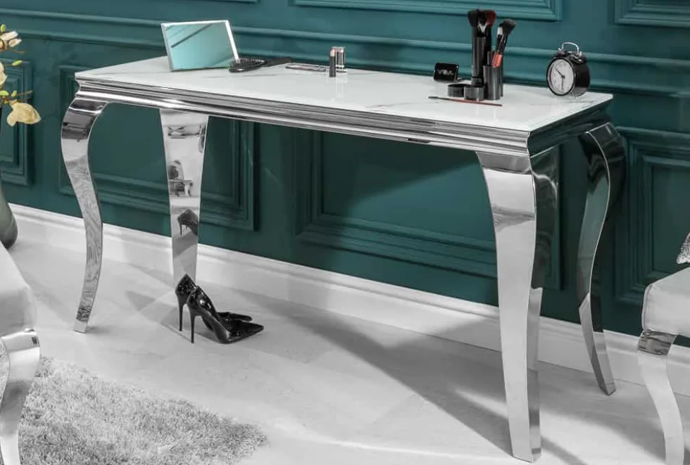 Eleganter Konsolentisch MODERN BAROCK 145cm mit Glasplatte Marmoroptik Edelstahlbeine
