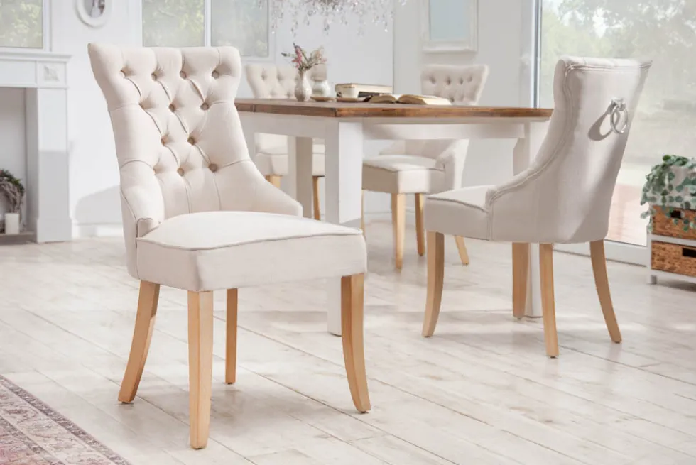 Eleganter Stuhl CASTLE beige Leinenstoff Landhausstil mit Komfortgriff