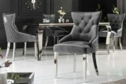 Eleganter Stuhl CASTLE DELUXE grau Samt Löwenkopf Chesterfield Design Esszimmerstuhl Nieten