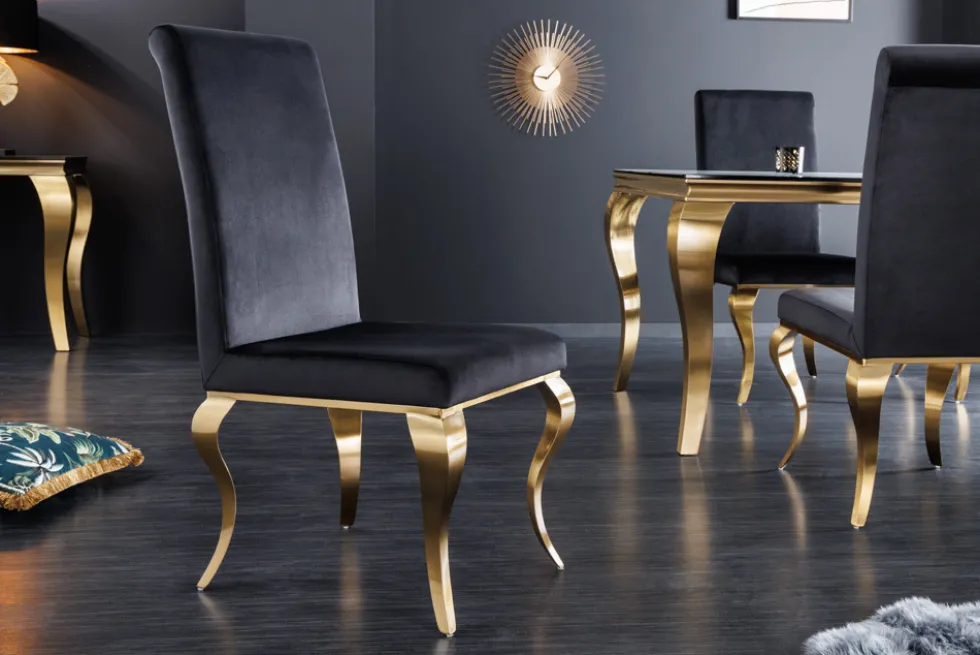 Eleganter Stuhl MODERN BAROCK schwarz Samt goldene Stuhlbeine aus Edelstahl