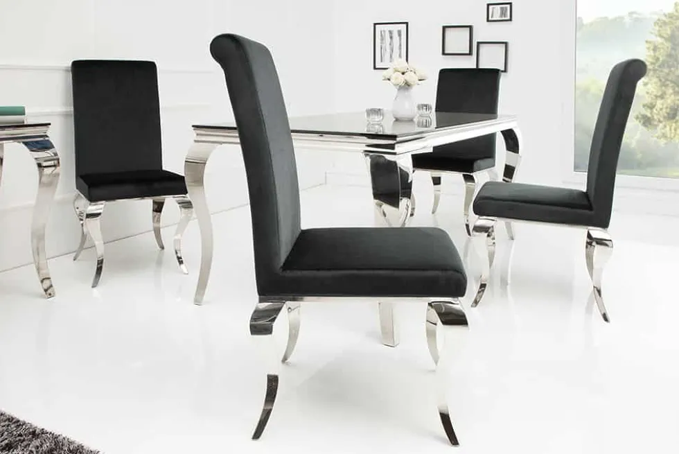 Eleganter Stuhl MODERN BAROCK schwarz Samt Stuhlbeine aus Edelstahl