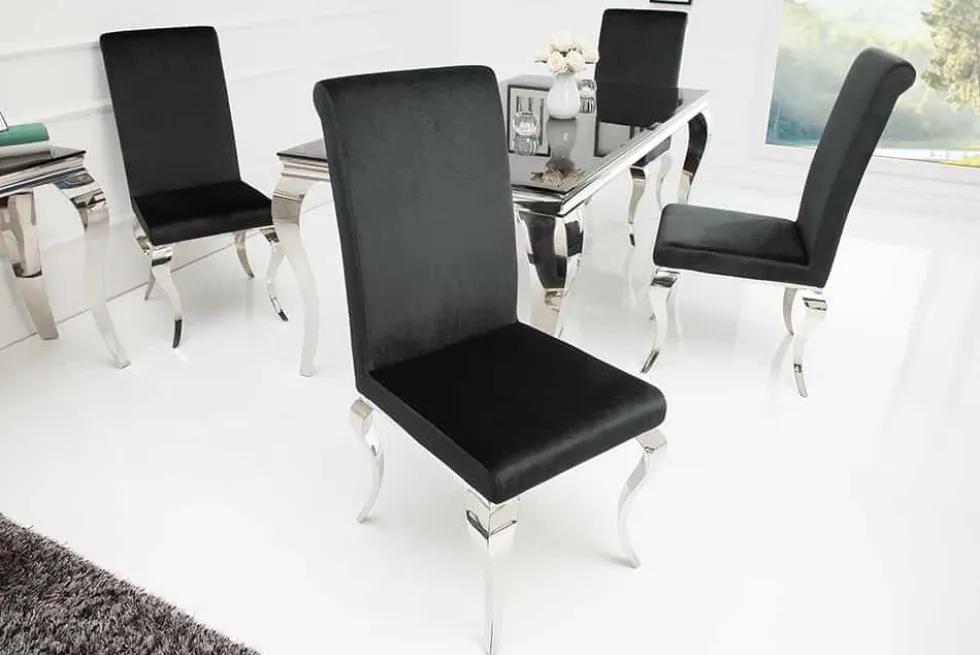 Eleganter Stuhl MODERN BAROCK schwarz Samt Stuhlbeine aus Edelstahl