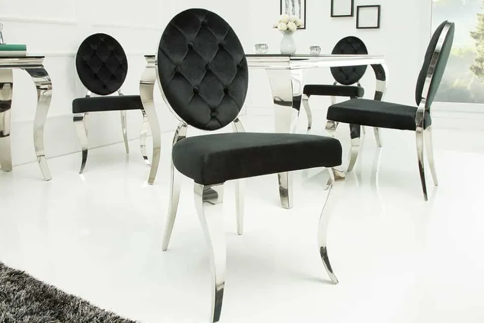 Eleganter Stuhl MODERN BAROCK schwarz Samt mit Knöpfen Edelstahlbeine