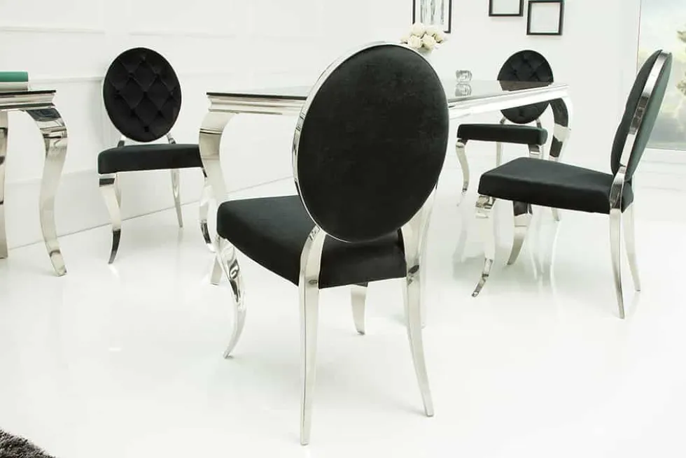 Eleganter Stuhl MODERN BAROCK schwarz Samt mit Knöpfen Edelstahlbeine