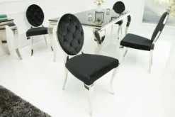 Eleganter Stuhl MODERN BAROCK schwarz Samt mit Knöpfen Edelstahlbeine
