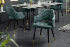 Eleganter Stuhl PARIS petrol Samt Ziersteppung Fußkappen gold Retro-Design mit Armlehnen