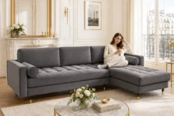 Elegantes Ecksofa COZY VELVET 260cm grau Samt Federkern 3-Sitzer