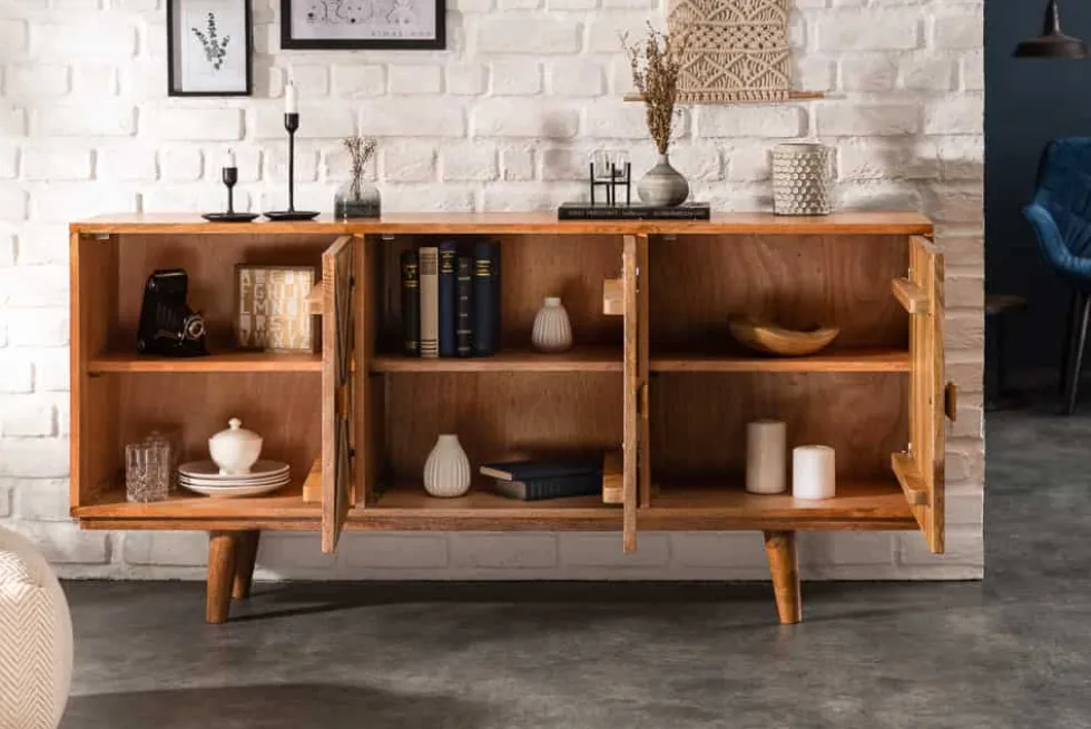Elegantes Sideboard LONG ISLAND 160cm Mangoholz-Optik mit Retro Muster