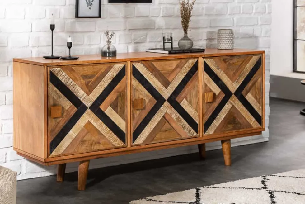Elegantes Sideboard LONG ISLAND 160cm Mangoholz-Optik mit Retro Muster