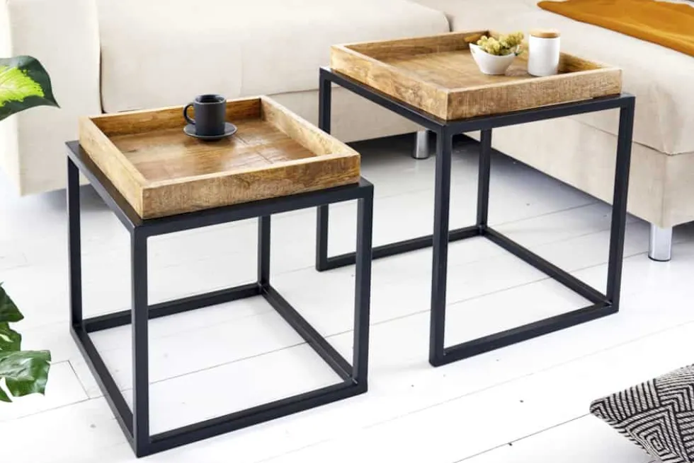 2er Set Beistelltisch SERVITEUR 50cm natur Mangoholz schwarzes Metallgestell Couchtische massiv