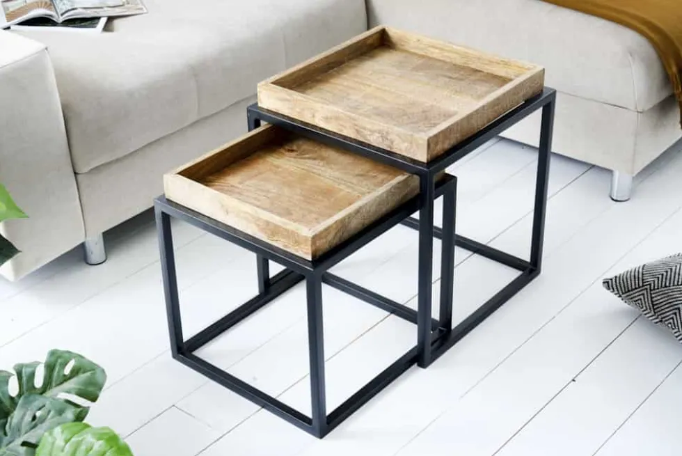 2er Set Beistelltisch SERVITEUR 50cm natur Mangoholz schwarzes Metallgestell Couchtische massiv