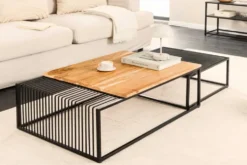 2er Set Couchtische ARCHITECTURE 90cm natur Akazienholz schwarz Steinfurnier Metall