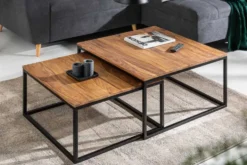 2er Set Couchtisch ELEMENTS 65cm braun Sheesham Massivholz stone finish Eisen schwarz
