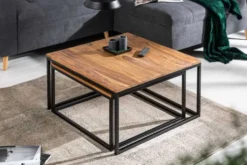 2er Set Couchtisch ELEMENTS 65cm braun Sheesham Massivholz stone finish Eisen schwarz