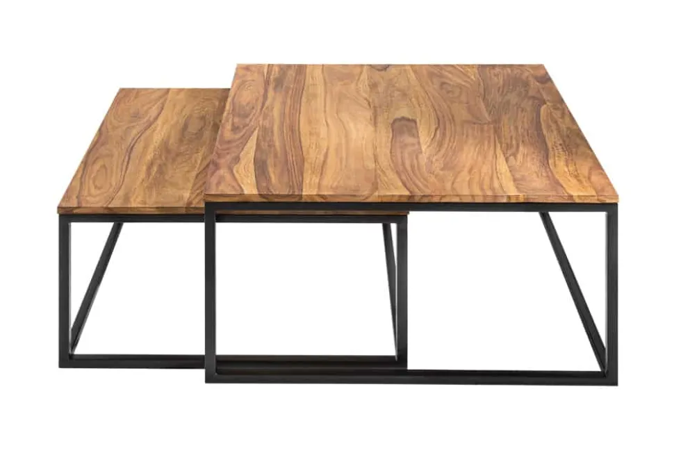 2er Set Couchtisch ELEMENTS 65cm braun Sheesham Massivholz stone finish Eisen schwarz