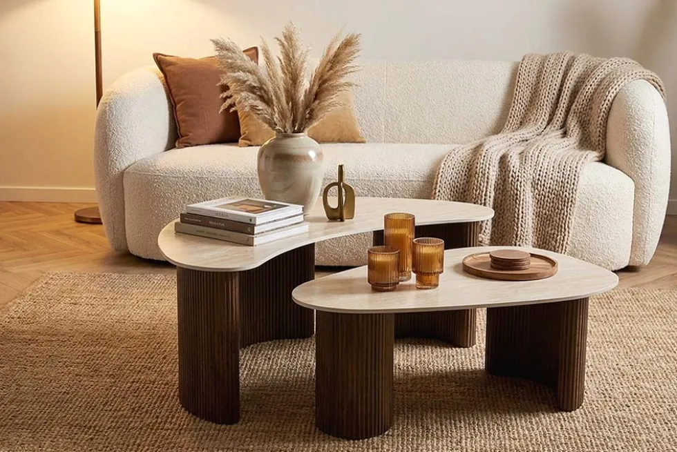 2er Set Couchtische OSAKA 120cm champagner greige Travertin Keramik Walnuss