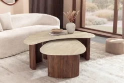2er Set Couchtische OSAKA 120cm champagner greige Travertin Keramik Walnuss