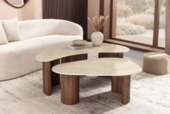 2er Set Couchtische OSAKA 120cm champagner greige Travertin Keramik Walnuss