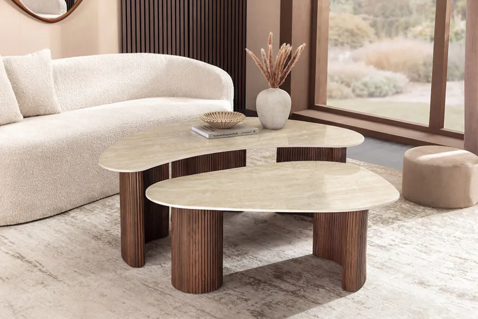 2er Set Couchtische OSAKA 120cm champagner greige Travertin Keramik Walnuss