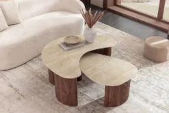 2er Set Couchtische OSAKA 120cm champagner greige Travertin Keramik Walnuss