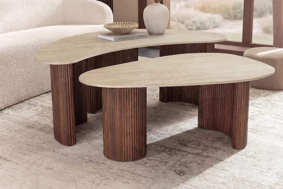 2er Set Couchtische OSAKA 120cm champagner greige Travertin Keramik Walnuss