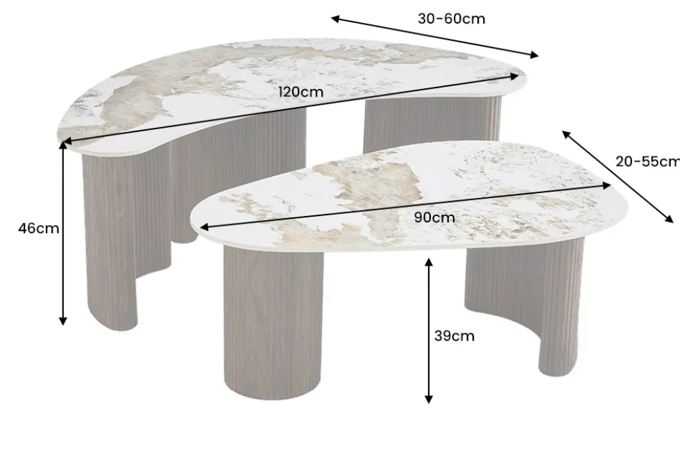 2er Set Couchtische OSAKA 120cm weiß Pandora Keramik Walnuss