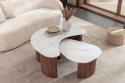 2er Set Couchtische OSAKA 120cm weiß Marmor Keramik Walnuss