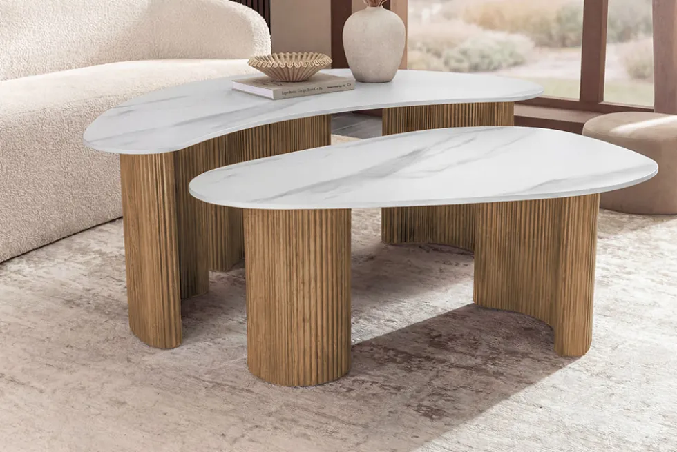 2er Set Couchtische OSAKA 120cm weiß Marmor Keramik natur Eiche