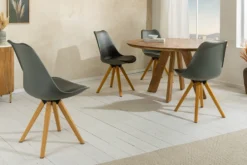 2er Set Design Stuhl SCANDINAVIA MEISTERSTÜCK grau Kunstleder natur Metall Eichen-Optik