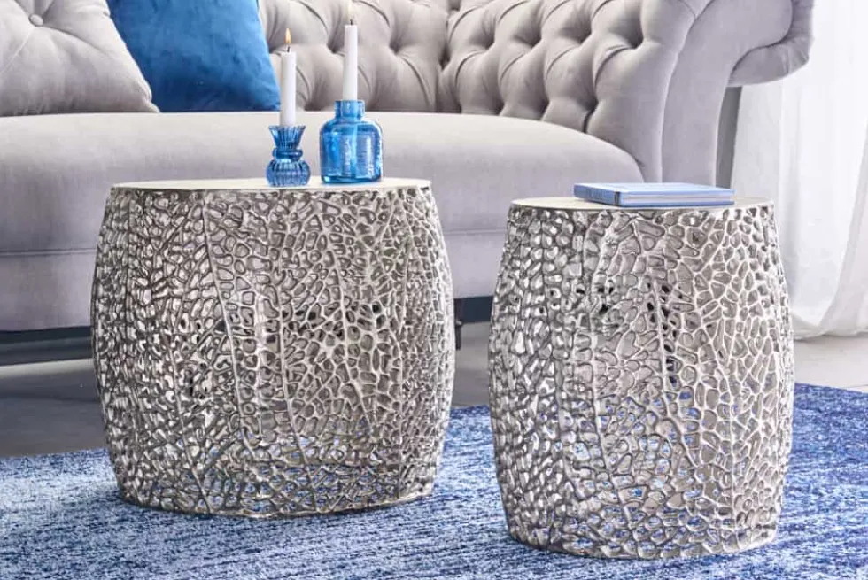 2er Set filigraner Design Couchtisch ABSTRACT LEAF antik silber Handarbeit rund