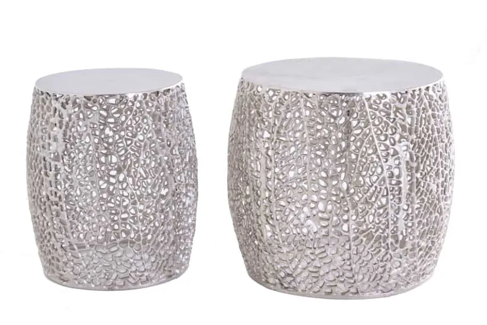 2er Set filigraner Design Couchtisch ABSTRACT LEAF antik silber Handarbeit rund