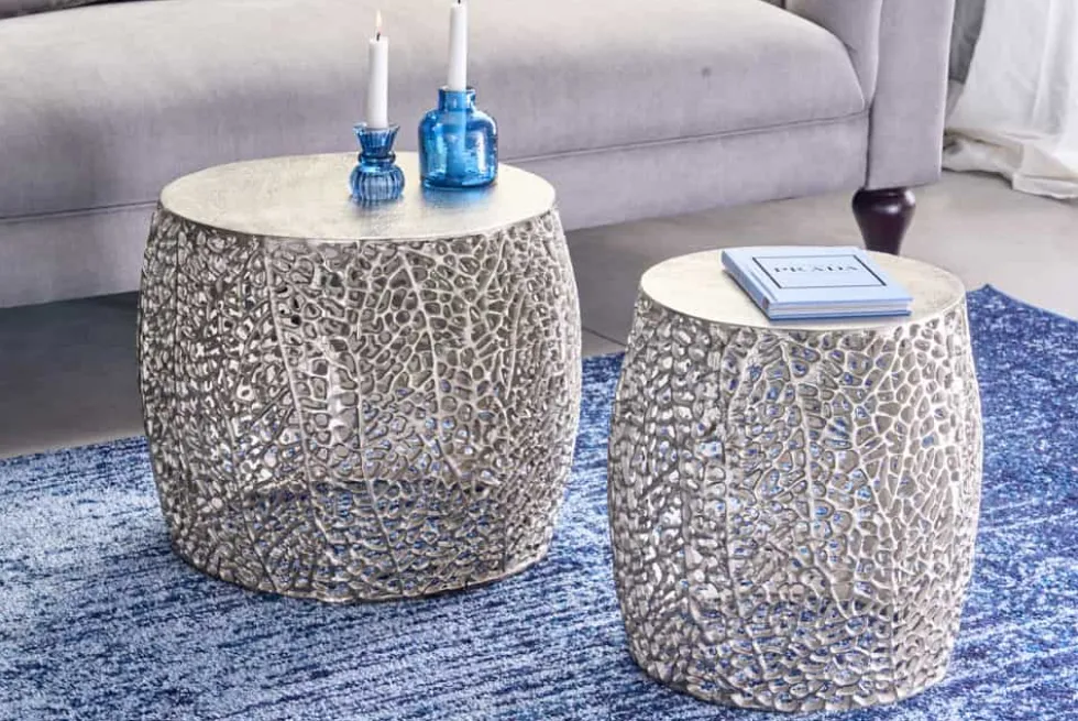 2er Set filigraner Design Couchtisch ABSTRACT LEAF antik silber Handarbeit rund