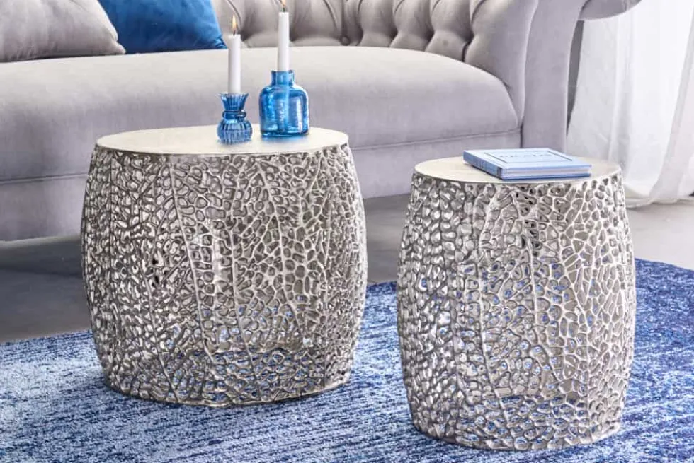 2er Set filigraner Design Couchtisch ABSTRACT LEAF antik silber Handarbeit rund