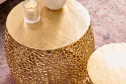2er Set Filigraner Design Couchtisch ABSTRACT LEAF gold Handarbeit Metall rund