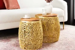 2er Set Filigraner Design Couchtisch ABSTRACT LEAF gold Akazienholz Handarbeit Metall rund