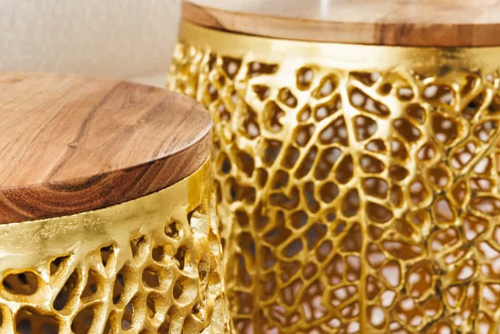 2er Set Filigraner Design Couchtisch ABSTRACT LEAF gold Akazienholz Handarbeit Metall rund