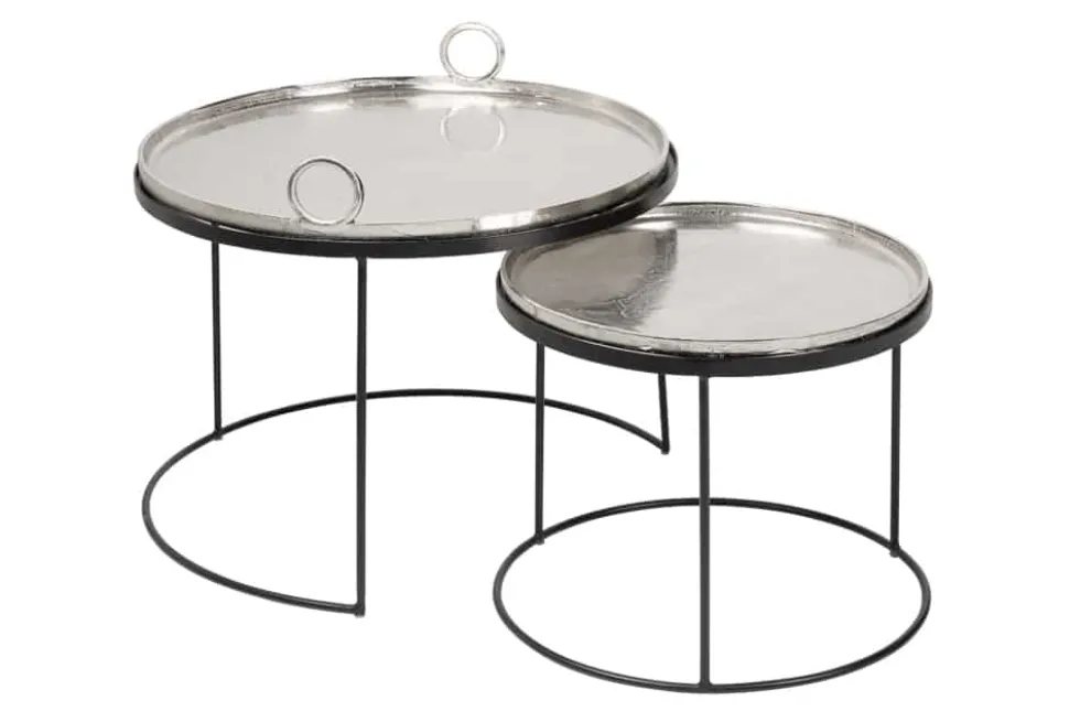 2er Set Runde Couchtische ELEMENTS 65cm silber schwarz Metall Tablett Beistelltisch