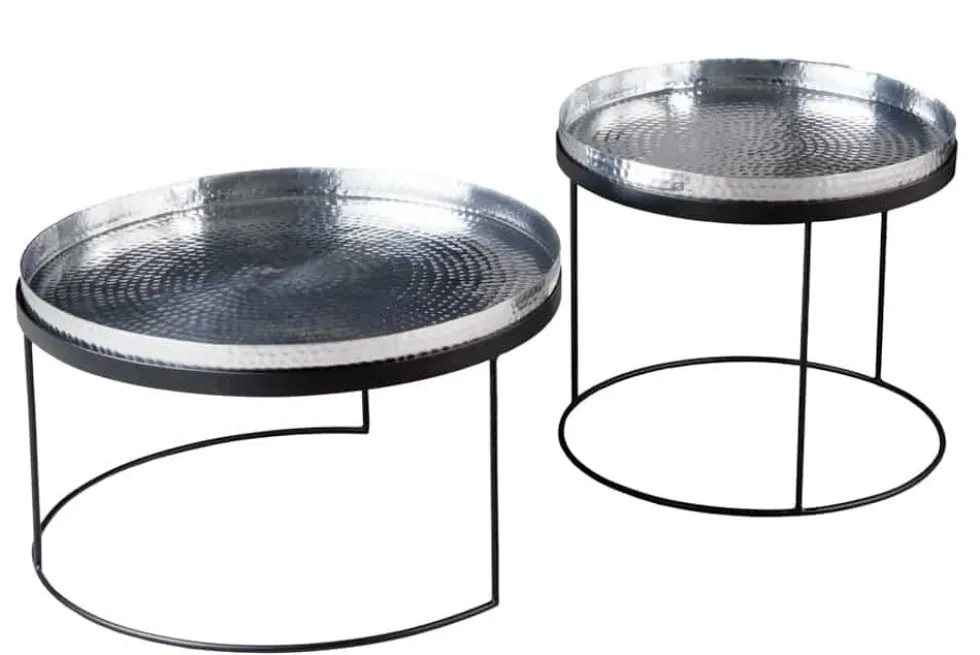 2er Set Runde Couchtische ELEMENTS 60cm silber schwarz Metall Tabletttisch Beistelltisch