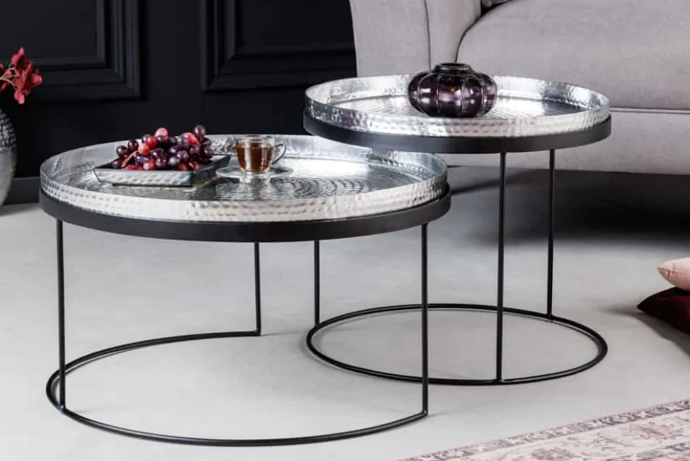 2er Set Runde Couchtische ELEMENTS 60cm silber schwarz Metall Tabletttisch Beistelltisch