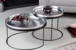2er Set Runde Couchtische ELEMENTS 60cm silber schwarz Metall Tabletttisch Beistelltisch