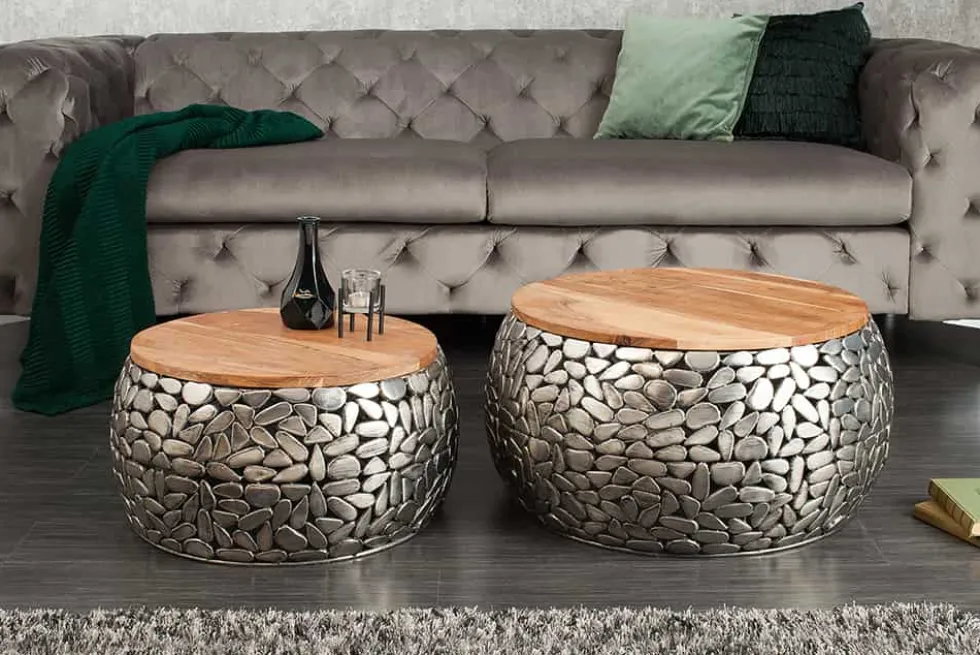 2er Set Runde Couchtische STONE MOSAIC 65cm silber Mangoholz Metall handmade Mosaik Design